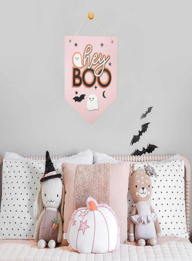 HGFC Halloween Hey Boo Sign For Front Door Decor, Spooky Pink Ghost Wood Door Hanger For Outdoor Outside Porch, Halloween Wall Hanging, Cute Halloween Sign - Image 4